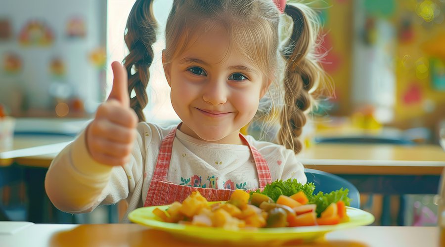 Ein Mädchen im Kindergartenalter sitzt am Tisch vor einem gefüllten Teller und zeigt die Daumen hoch-Geste mit einem Lächeln.
