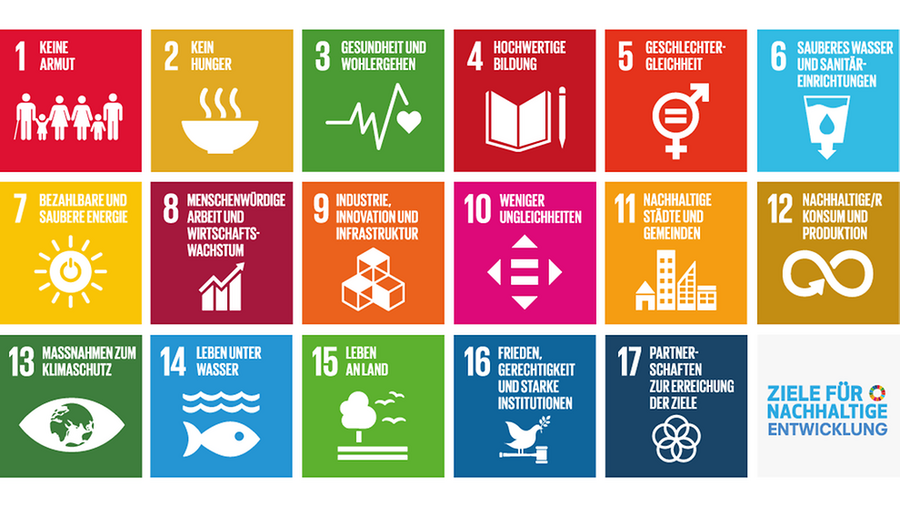 Die Grafik stellt die 17 Ziele für eine nachhaltige Entwicklung dar. 