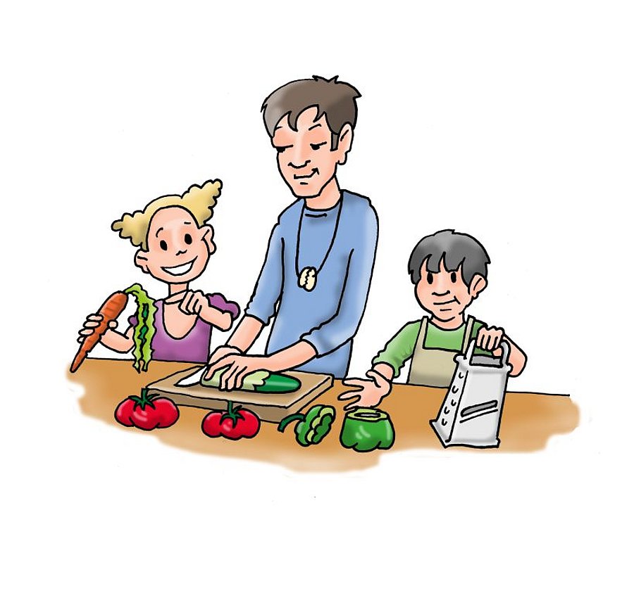 Eine Illustration zeigt Kita-Kinder mit ihrem Erzieher beim Zubereiten des Frühstücks.