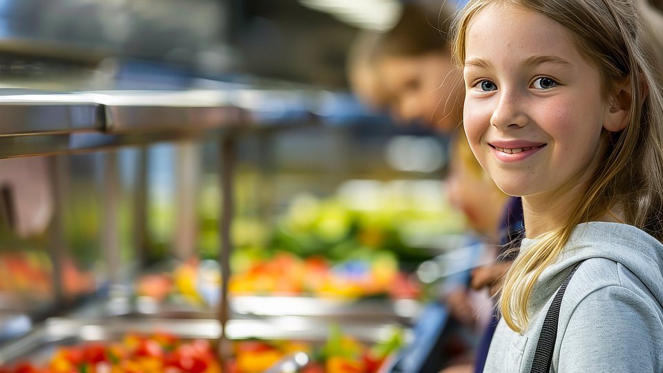 Jugendliche Schülerin steht in der Mensa an der Salatbar.