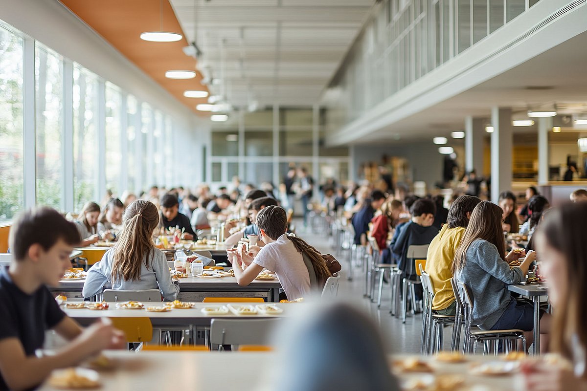 In einer Schulmensa sitzen viele Schüler*innen an Tischen und essen.