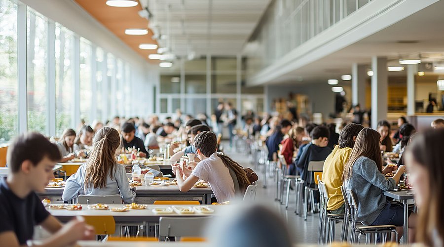 In einer Schulmensa sitzen viele Schüler*innen an Tischen und essen.