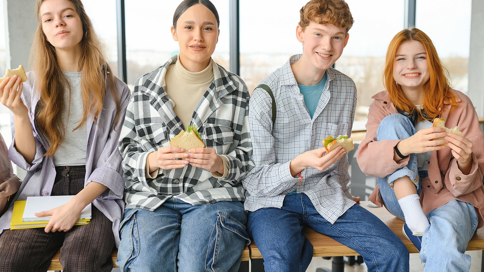 Teenager sitzen in der Schulmensa auf einem Tisch und snacken.