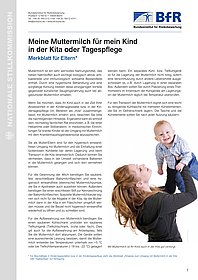 Coverfoto BfR-Merkblatt für Eltern zum Umgang mit Muttermilch in Kita oder Kindertagespflege.