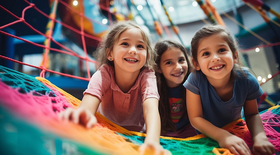 Gruppe fröhlicher Mädchen, die auf dem Schulhof mit Netzkletterseilen spielen.