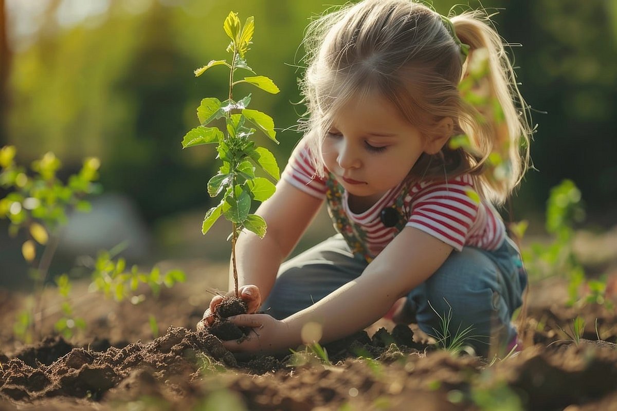 Kleines Mädchen in Latzhose setzt in einem Garten eine Pflanze ein.