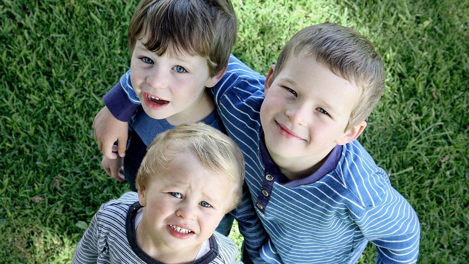 Drei Jungen verschiendenen Alters stehen eng aneinander auf einem Rasen und blicken nach oben.